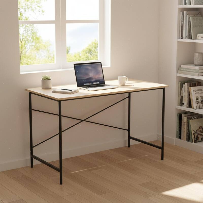 Homy Casa Modern Computer Desk, 47in Metal X Office Writing Table - Oak