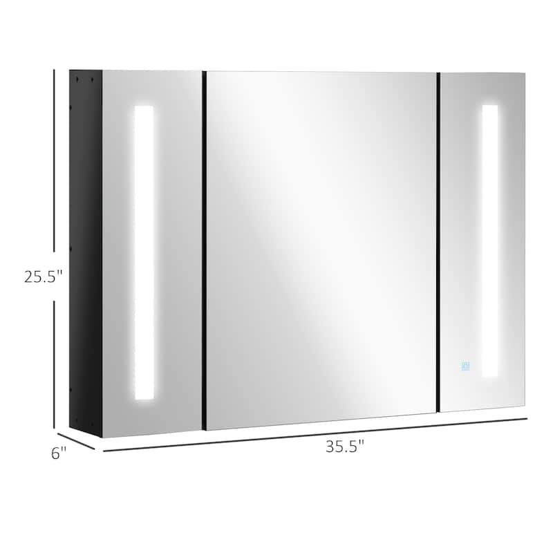 High Gloss Black MDF LED Bathroom Mirror Cabinet with Adjustable Shelves - 35.5" W x 6" D x 25.5" H