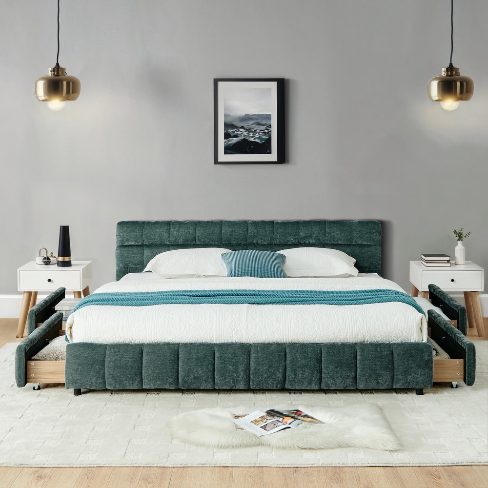 California King Size Bed Frame with 4 Storage Drawers and Headboard Chenille Upholstered Platform Bed Frame with Wooden Slats