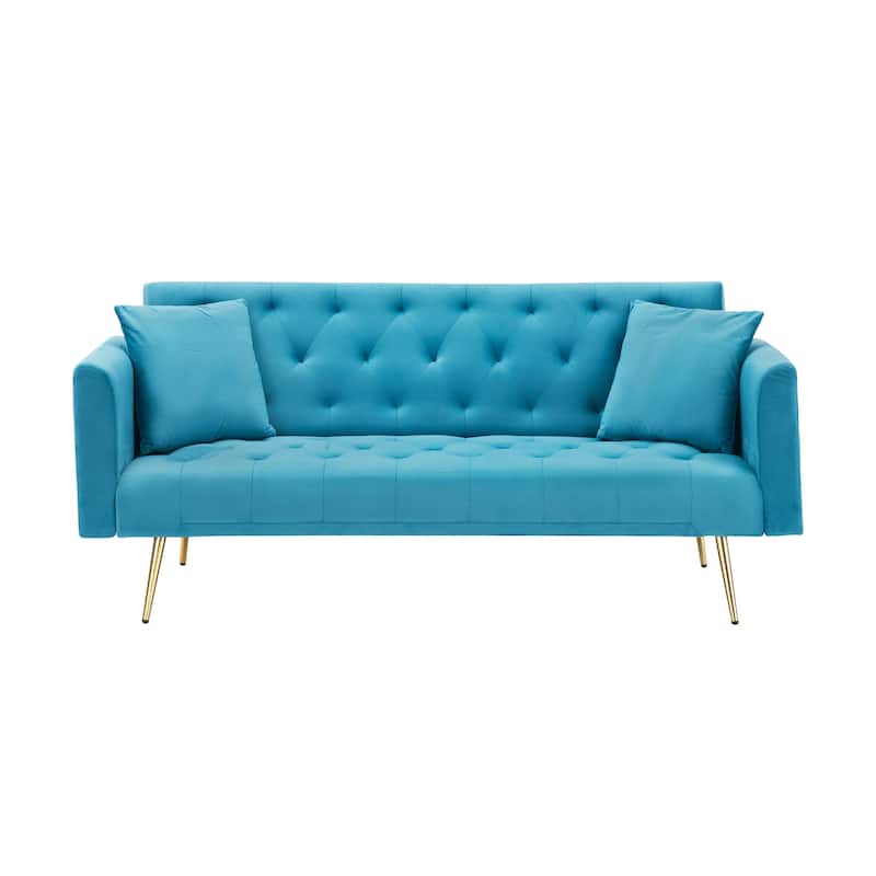 Velvet Loveseat Sofa Adjustable Backrest Sleeper Sofa Bed with 2 Pillow Upholstered Deep Seat Sofa, Tufted Couch