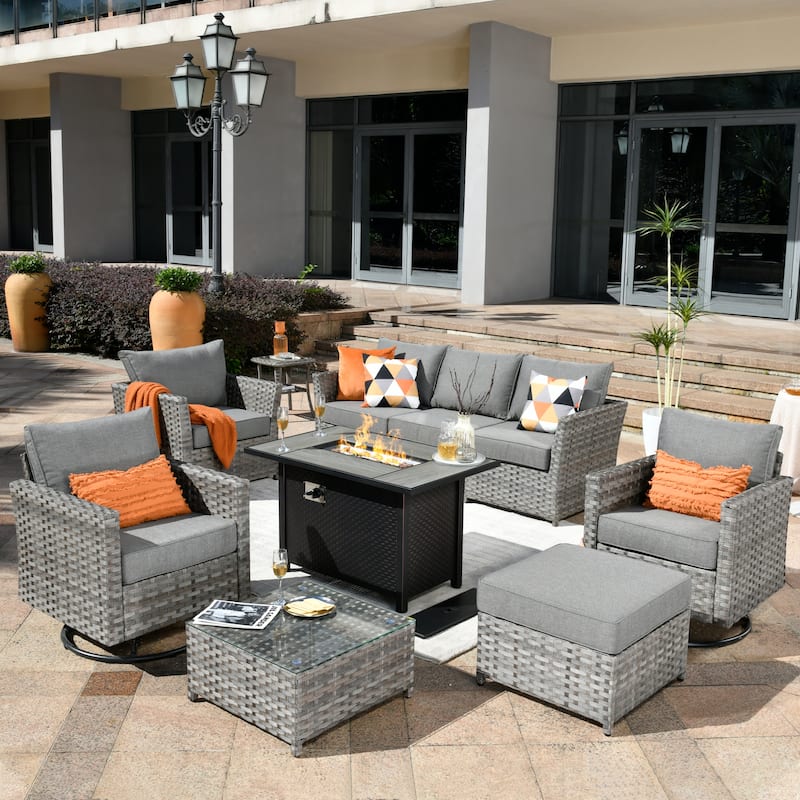 HOOOWOOO 10-piece Rattan Wicker Sectional Sofa Patio Furniture Set with Fire Pit Table - Dark Grey