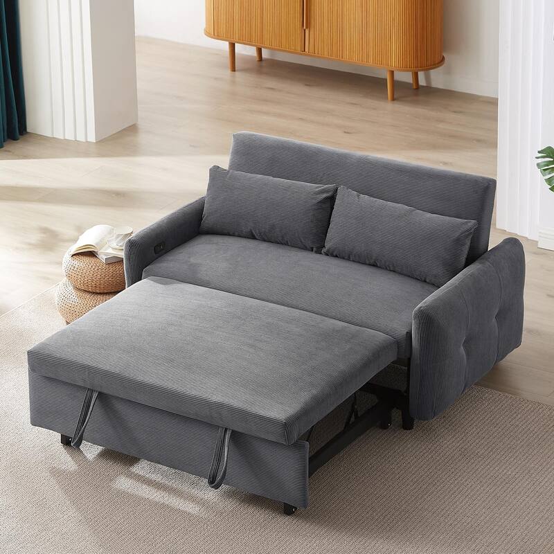 Anmytek Grey Modern Pull-out Sleeper Loveseat Sofa Bed with USB Ports and 2 Throw Pillows - Grey