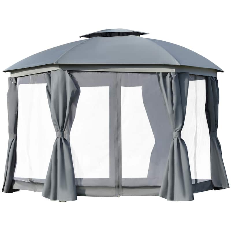 12x12 Round Outdoor Gazebo with Double Roof, Netting Sidewalls, and Privacy Curtains - Grey