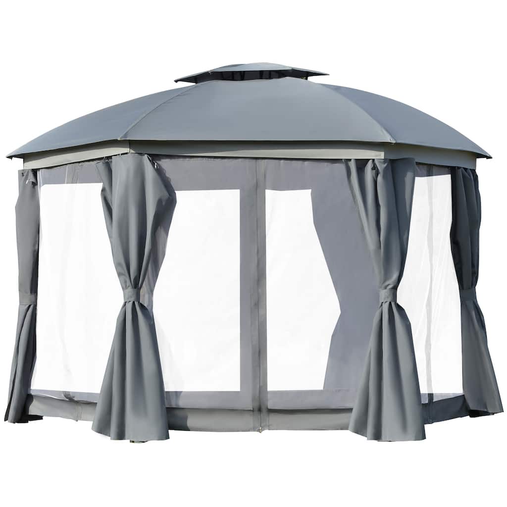12x12 Round Outdoor Gazebo with Double Roof, Netting Sidewalls, and Privacy Curtains