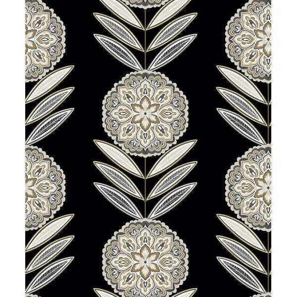 slide 2 of 12, Seabrook Designs Belle Floral Stripe Non-Woven Unpasted Wallpaper 20.9 in. W x 33 ft. L - Black Tie & Metallic Gold