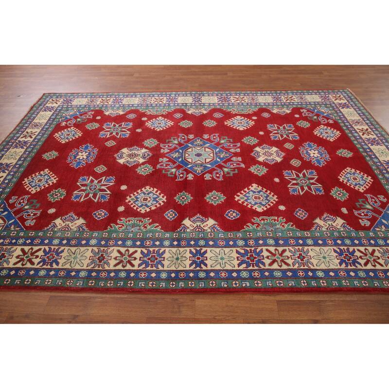 Hand Knotted Oriental 100% Wool Carpet Traditional Geometric Red Kazak Area Rug - 9' 7'' X 6' 7''