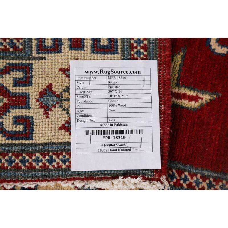 Red Geometric Kazak Runner Rug Handmade Oriental Wool Carpet - 2'9" x 10'1"