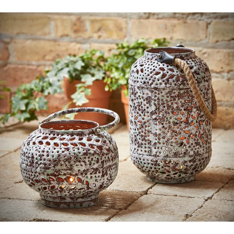 Sula Hand Pierced Round Lantern Candle Holder Patina Iron 5.1 in H x 7.1 in Dia Perfect for Summer Decor