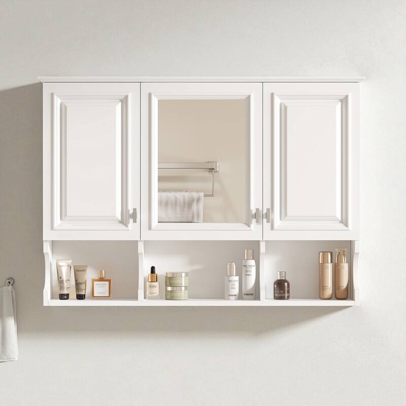 41" Wall Mounted Mirror Medicine Cabinet with Adjustable Shelves, Solid Wood Frame, Bathroom Storage Over Toilet - White