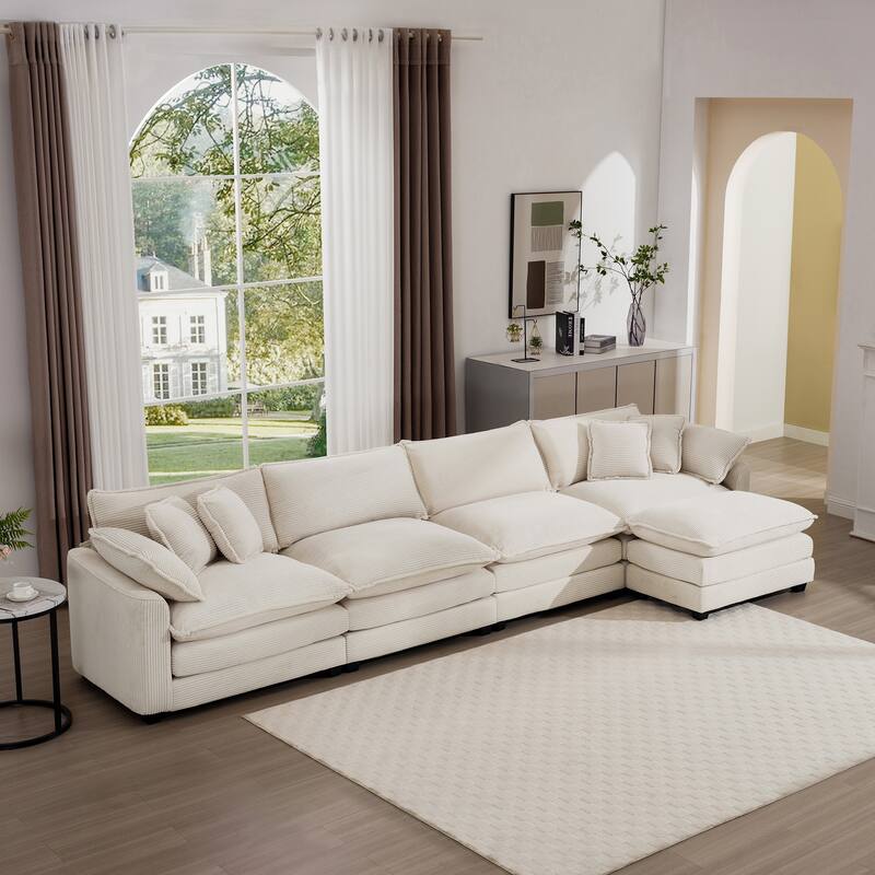 150" Corduroy Cloud Upholstered Modular L-Shaped Sectional Sofa with Removable Ottoman and Free Combination Design - Beige