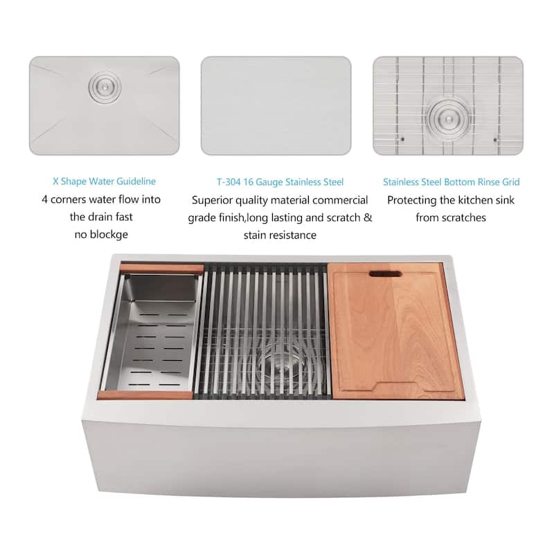 Apron-Front Stainless Steel 33 in. 16-Gauge Single Bowl Farmhouse Kitchen Sink with Workstation - 33" L x 22" W x 10" D