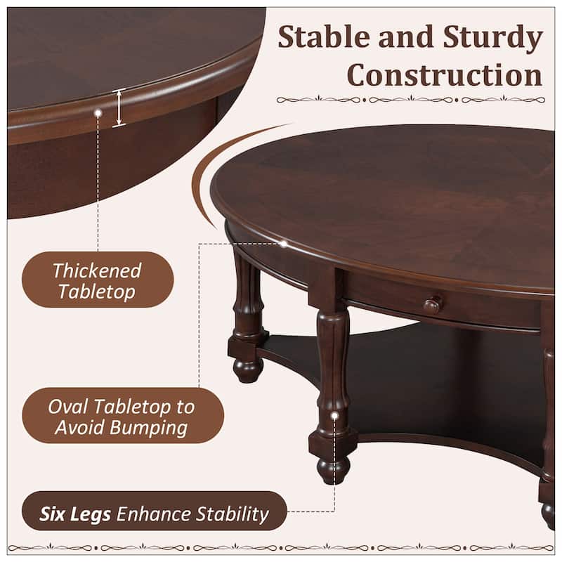 Vintage Oval Coffee Table with Drawer and Storage Shelf