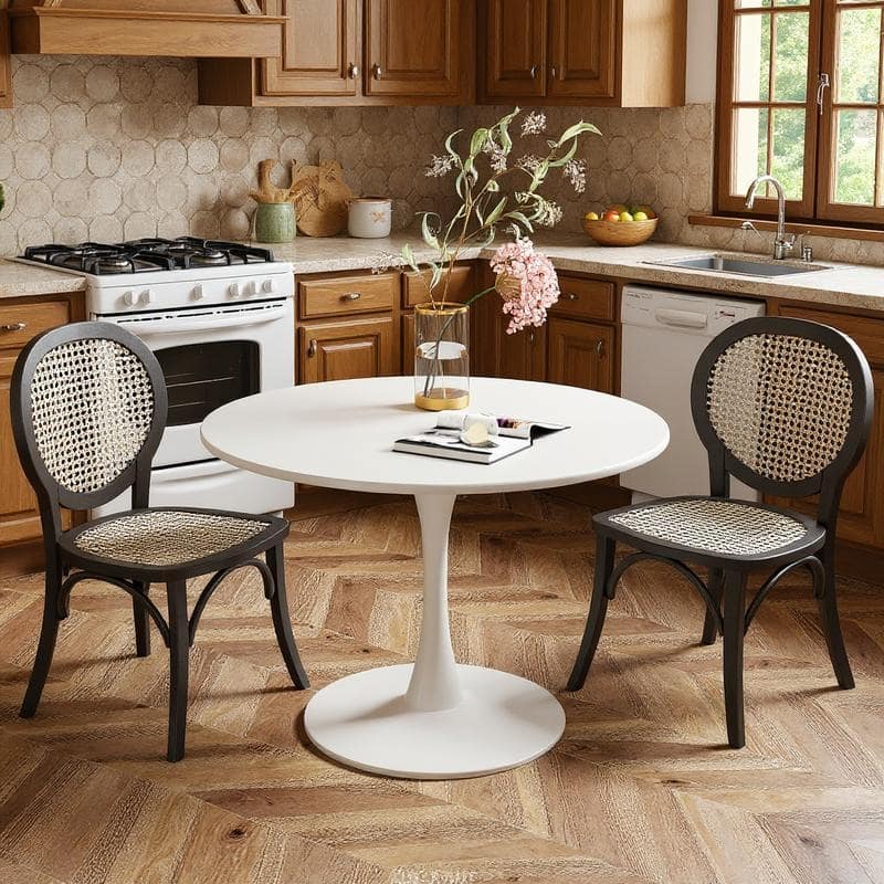 Grondin Mid-Century Modern Round Kitchen or Dining Table with Premium MDF Top and Steel Pedestal Base for Dining Room
