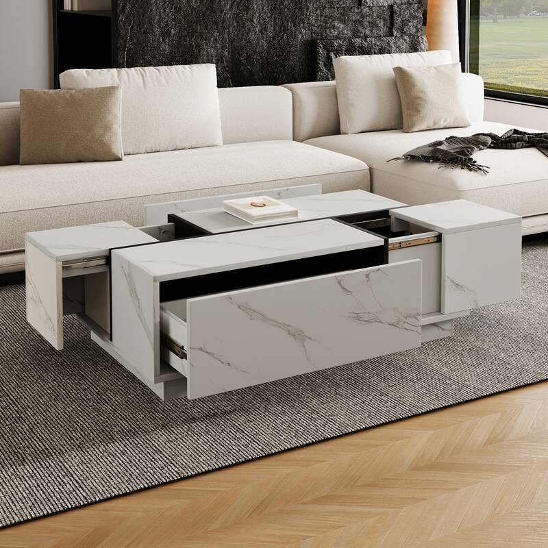 Rectangular Sliding Top Coffee Table with 2 Drawers and 2 Hidden Storage for Living Room 47.2" (White)