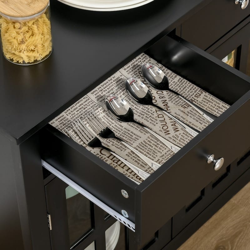 Black Sideboard Cabinet with Glass Doors and Drawers Multi-Functional Storage Buffet TV Console for Dining Kitchen Living Room