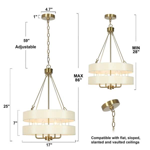 dimension image slide 1 of 2, Malury Mid-century Modern 4-Light Brass Gold Drum Chandelier Fabric Shaded Foyer Pendant Lights - D17" x H30"