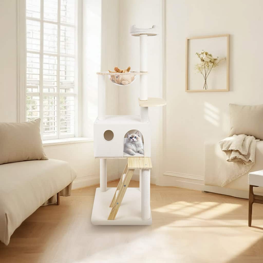 Wood Cat Tree With Large Condo Wood ladder And Transparent Spacecraft 165cm - White