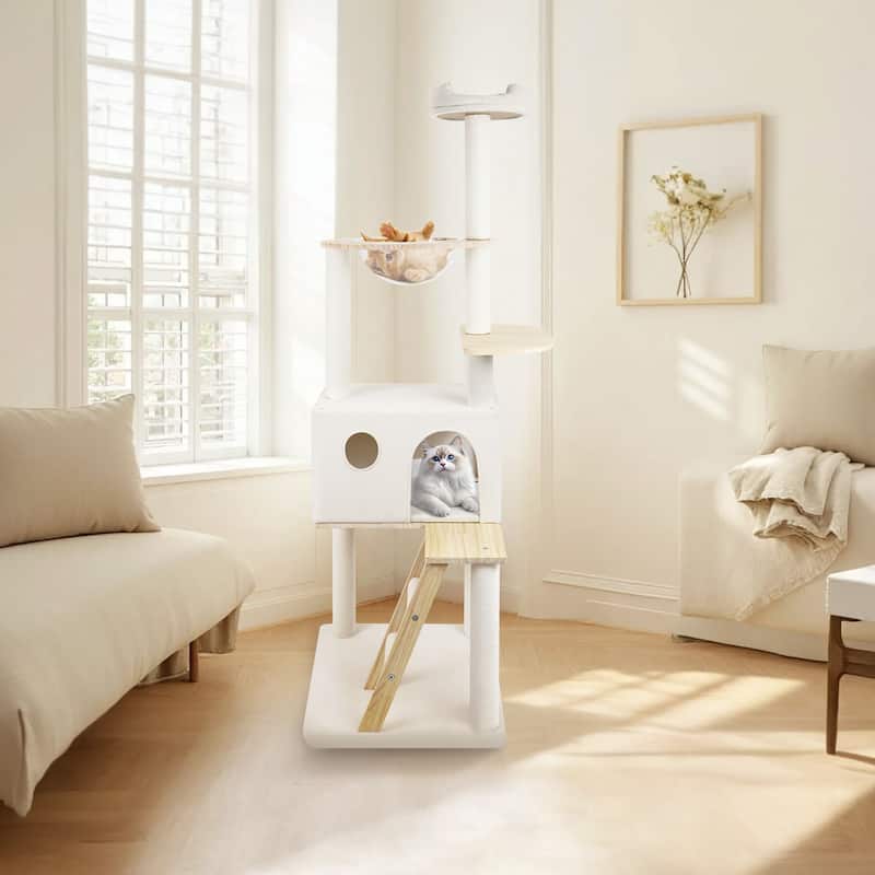 Wood Cat Tree With Large Condo Wood ladder And Transparent Spacecraft 165cm - White - White