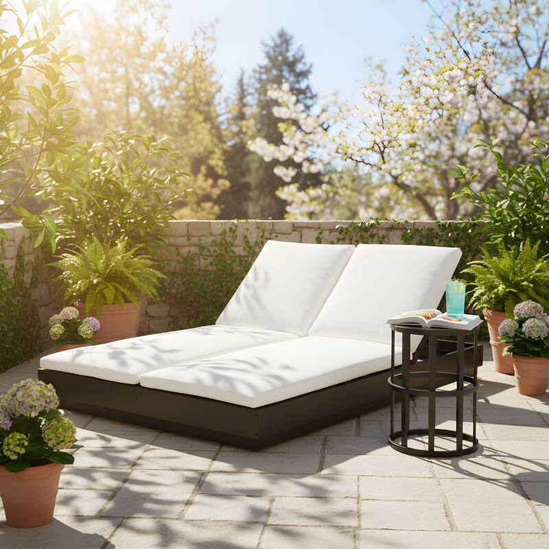 Christopher Knight Home - Outdoor Acacia Wood 5-Position Adjustable Double Sunlounge Set with 10.8" Ceramic Tile Side Table