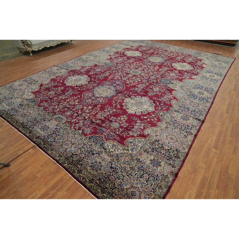 Hand Knotted Oriental 100% Wool Carpet Traditional Floral Red Kerman Area Rug - 19' 4'' X 12' 9''