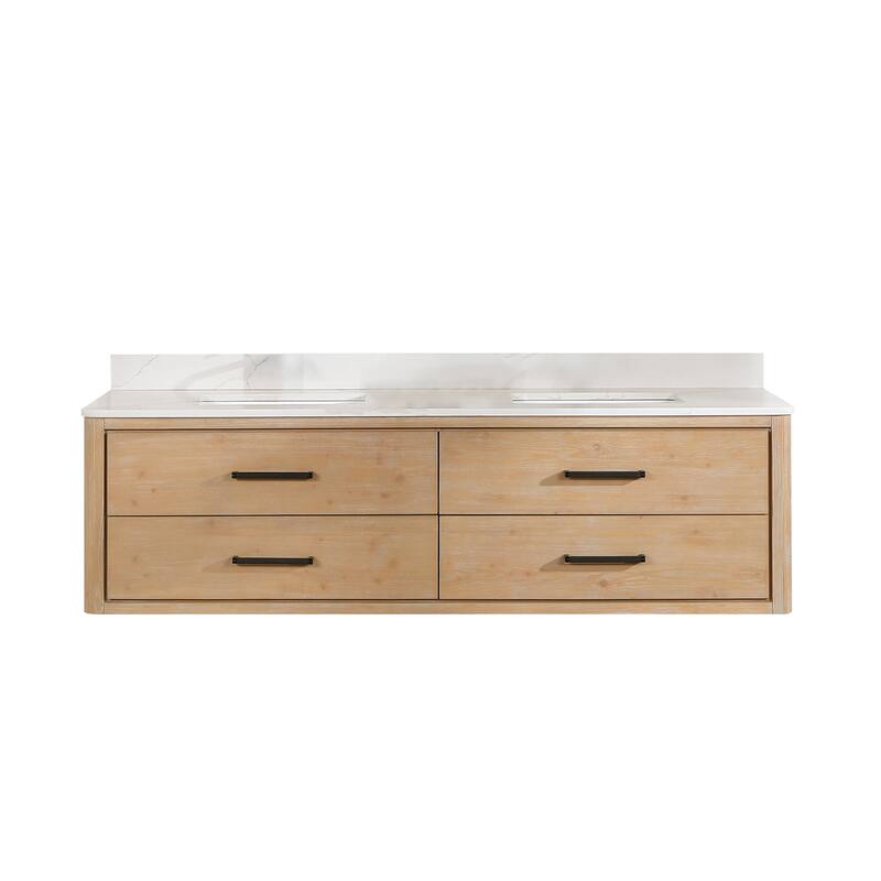 Cristo Floating Bath Vanity with White Quartz Stone Top without Mirror - 72 in. - Fir Wood Brown