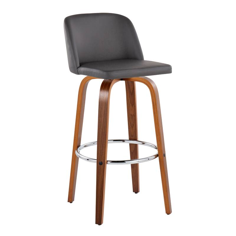 Carson Carrington Vallberga 30" Fixed-Height Bar Stool with Walnut Wood Base (Set of 2) - Grey Faux Leather/Round Chrome Footrest