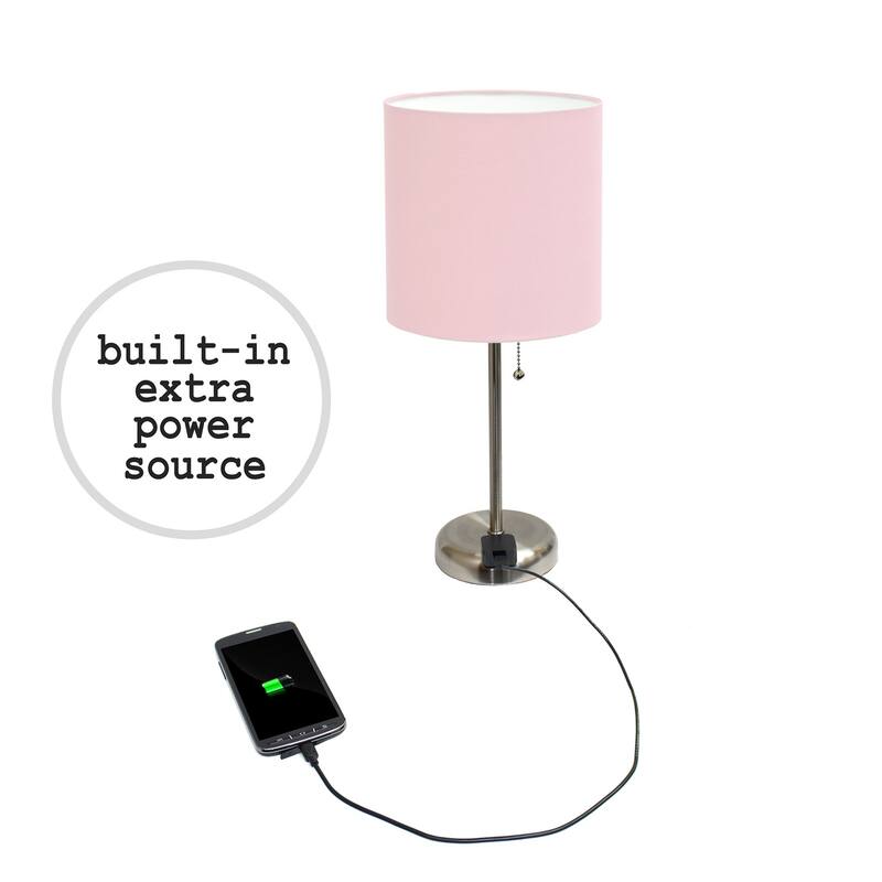 19.5 in. Brushed Steel Finish Table Lamp with Pink Shade, Desk Lamp for Writing and Computer Desks, Set of 2