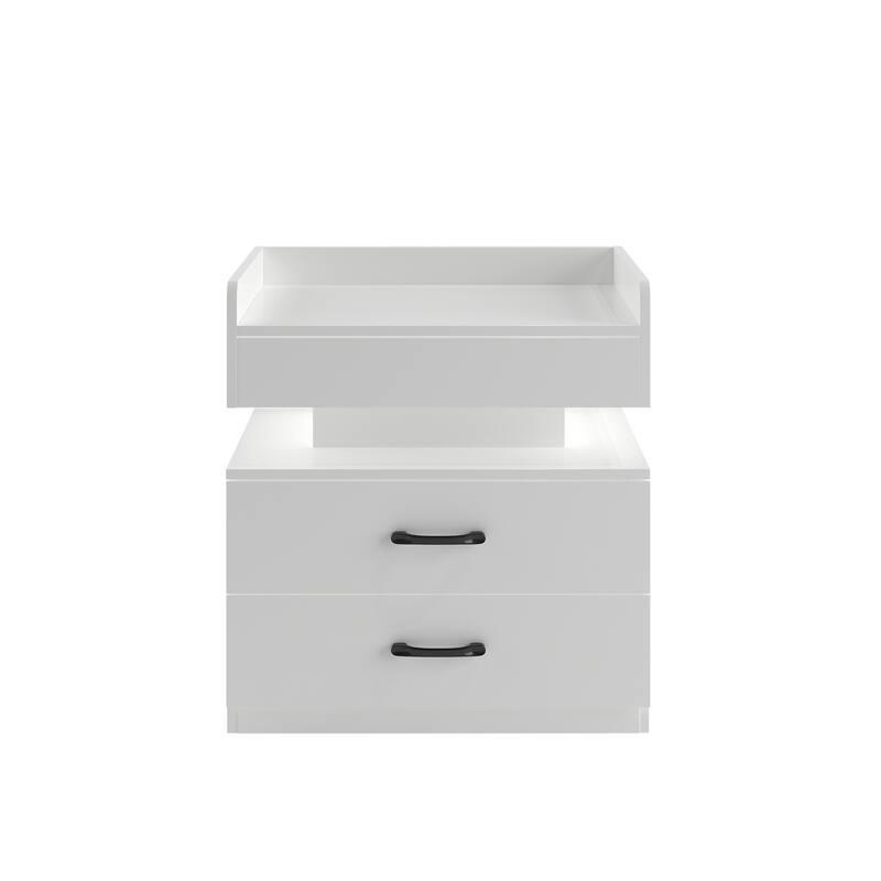 1 Set Nightstand with Adjustable LED Strip Light, 2-Drawers, Large Storage Space