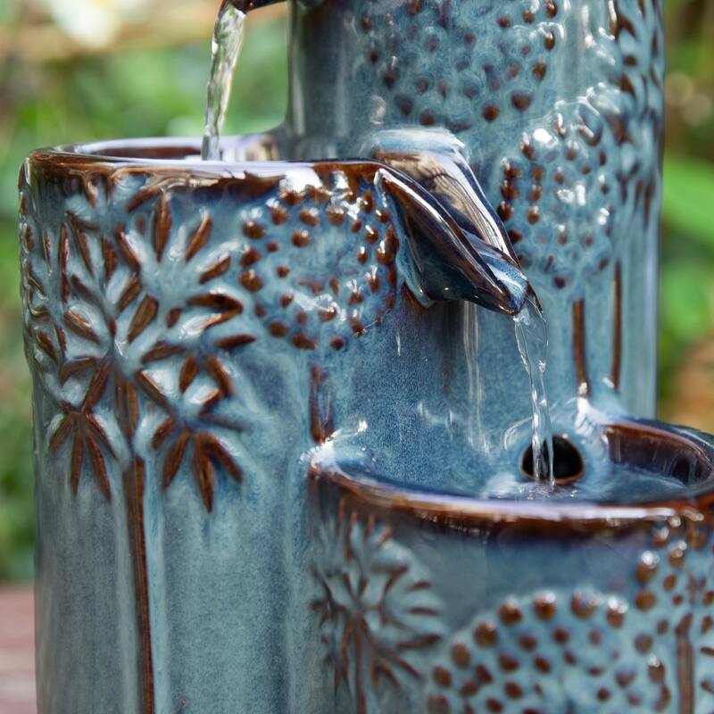 Glitzhome 10"H 3-Tier Turquoise Ceramic Tabletop Fountain with Pump and LED Light