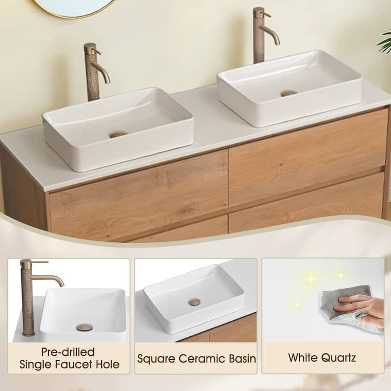 60" Floating Bathroom Vanity Quartz Counter Top with Double Ceramic Vessel Sink