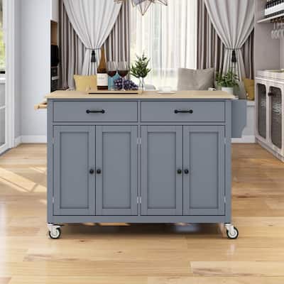 35"W Kitchen Island Cart with Solid Wood Top and Locking Wheel，4 Door Cabinet and 2 Drawers，Spice Rack, Towel Rack and Handle