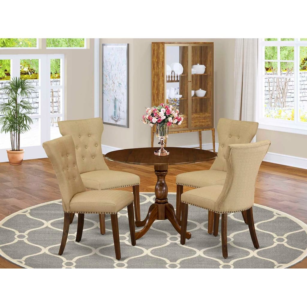 HomeStock 5-Piece Antique Walnut Finish Solid Wood Top Dining table with 4 Chairs with Drop Leaf Lattice Back