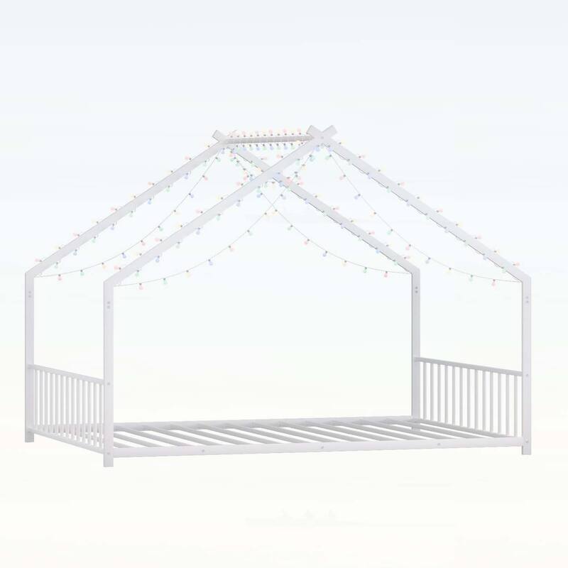 Platform Bed with LED light strips,roof-shaped iron frame,and low profile design for safety and style
