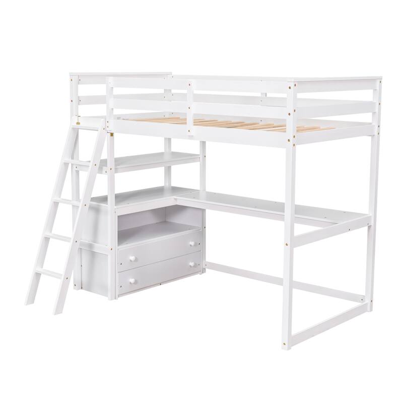 Twin Size Loft Bed with Desk and Shelves, Two Built-in Drawers