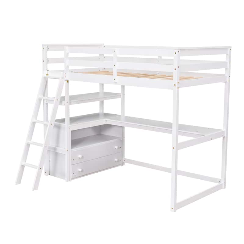 White Twin Loft Bed with Desk, Shelves & Drawers