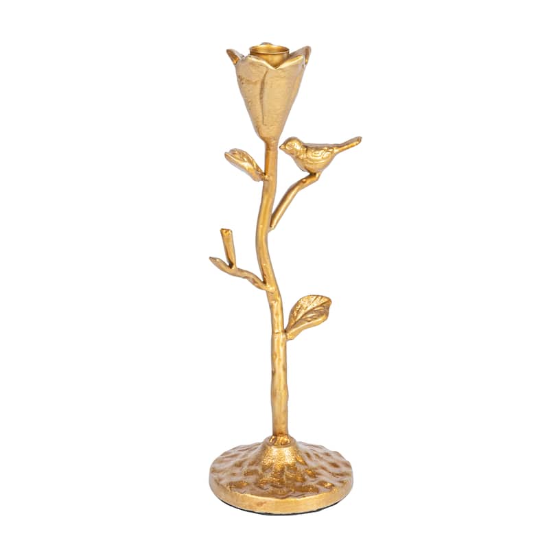 Hand-Forged Cast Iron Candelabra with Flowers and Bird - 4.5"L x 3.5"W x 10.6"H