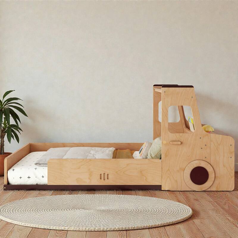 Kids Car Floor Bed with Storage Drawers and Desk, Car-Shaped Wood Floor Bed with Window, Twin Full Sizes