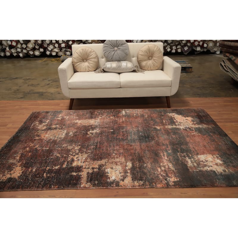 Hand Knotted Oriental Viscose Silk Carpet Modern Abstract Oranges & Rust Abstract Area Rug - 8' 0'' X 5' 1''