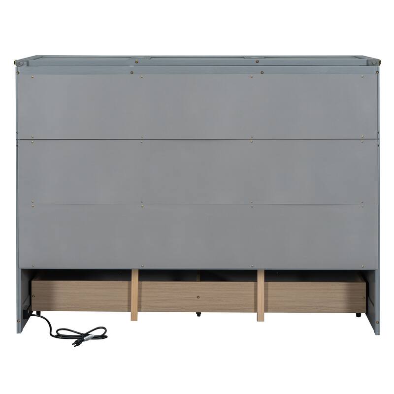 Queen Size Murphy Bed with USB Port and Large Drawer, Space-Saving Design, No Box Spring Needed, Espresso Finish