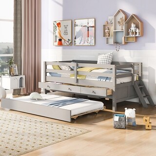 Gray Solid Pine Wood Low Loft Bed Twin Size with Full Safety Fence, Storage Drawers, and Trundle