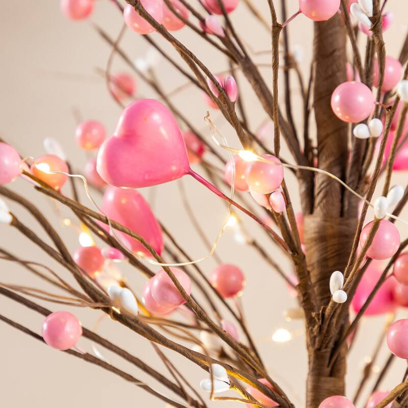 Glitzhome LED Lighted Valentine's Pink Berry Heart Table Tree