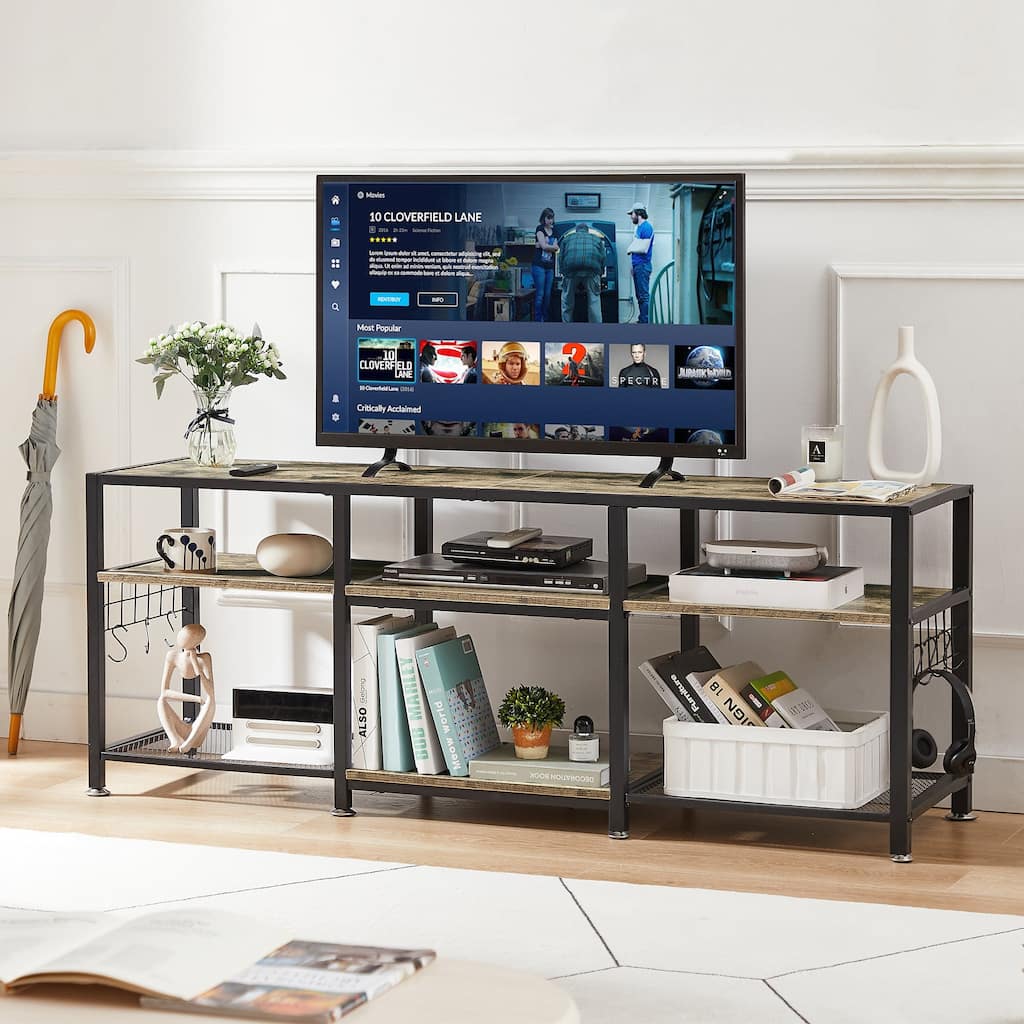 VECELO End Table, 55 Inch up to 71 Inches TV Stand with Storage Shelves, 3-Tier Television Cabinet