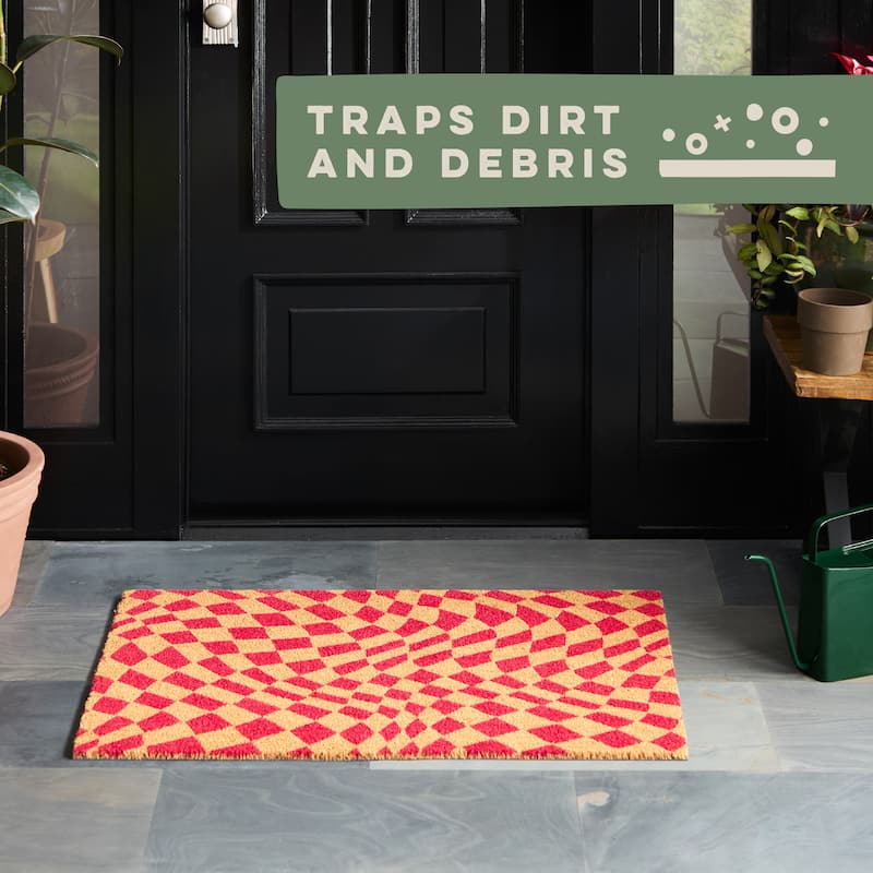 TOWN & COUNTRY TERRA Emmett Groovy Checkerboard Outdoor Door Mat, Natural Coir Mat