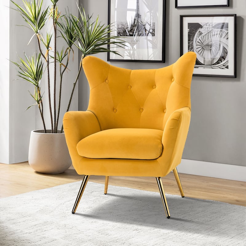 Eusebio Tufted Velvet Accent Chair with Wingback, Arms, and Metal Gold Legs for Living Room or Bedroom by HULALA HOME