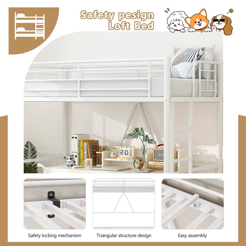 Twin Kids Loft Metal Bed with Reversible Stairs 400lb Capacity Space Saving Under Bed Study Play Area