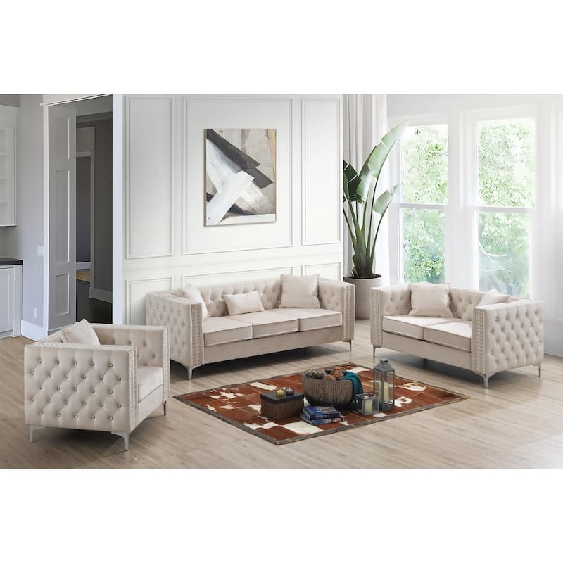 Tufted Faux Diamond Button Velvet 3-Seater Sofa with Throw Pillows - 86" - Cream