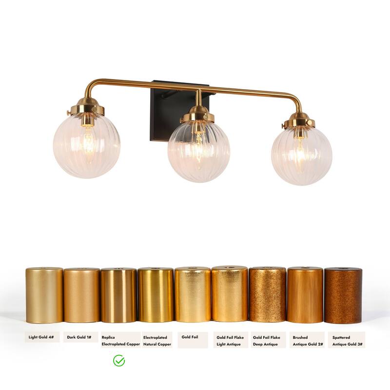 Modern Black Gold 3-Light Bathroom Vanity Light Wall Sconces with Ribbed Glass - L 21.5" x W 6.5" x H 8"