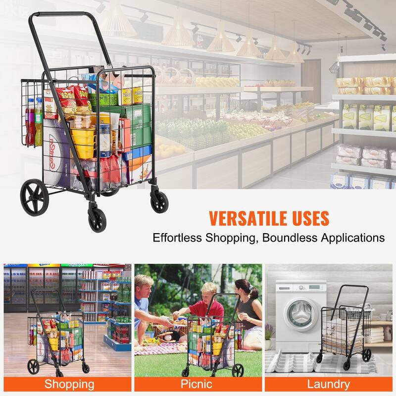 360 Swivel Wheels Folding Shopping Cart with Double Baskets