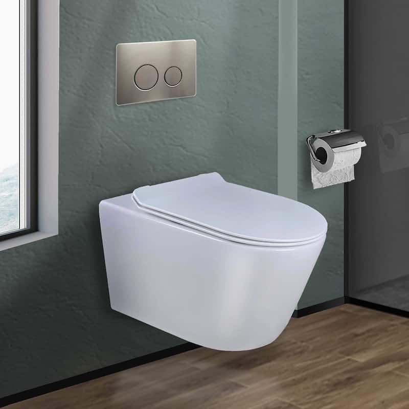 In-Wall toilet Combo Set - Toilet, Tank (2 x 6 Wall), Carrier System - Satin Nickel Round - Push Plates (Metal) - White Bowl
