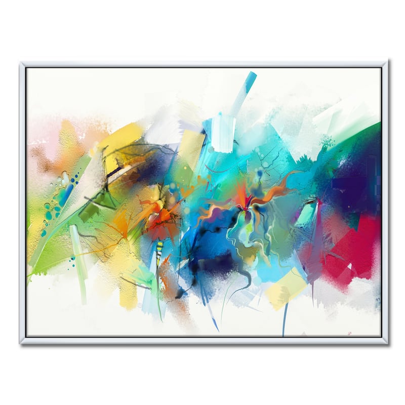 Designart "Turquoise Story With Touches Of Yellow And Red" Modern Framed Canvas Wall Art Print